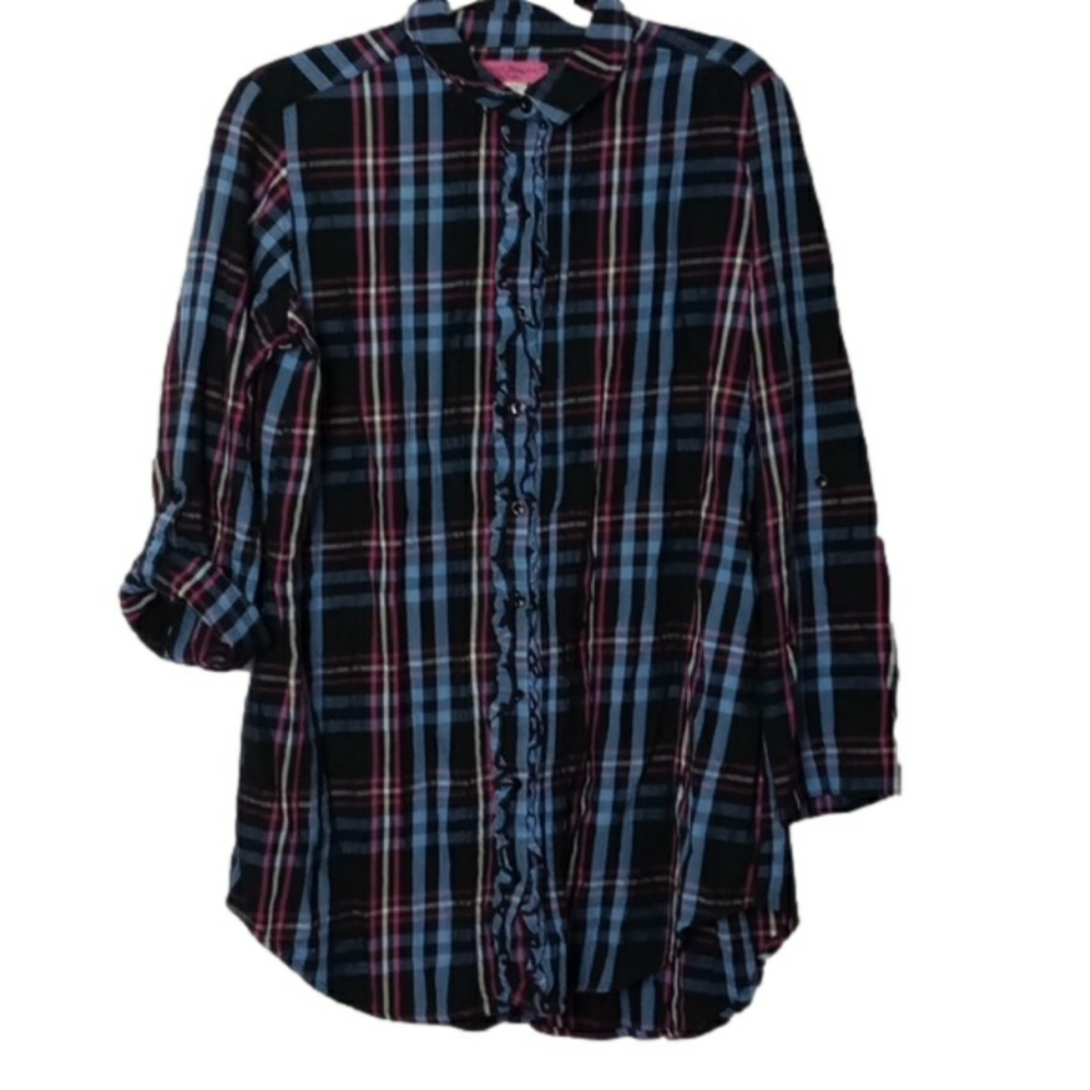 Betsey Johnson M Ruffle Front Sleep Shirt Top Long sleeve button front Plaid  M